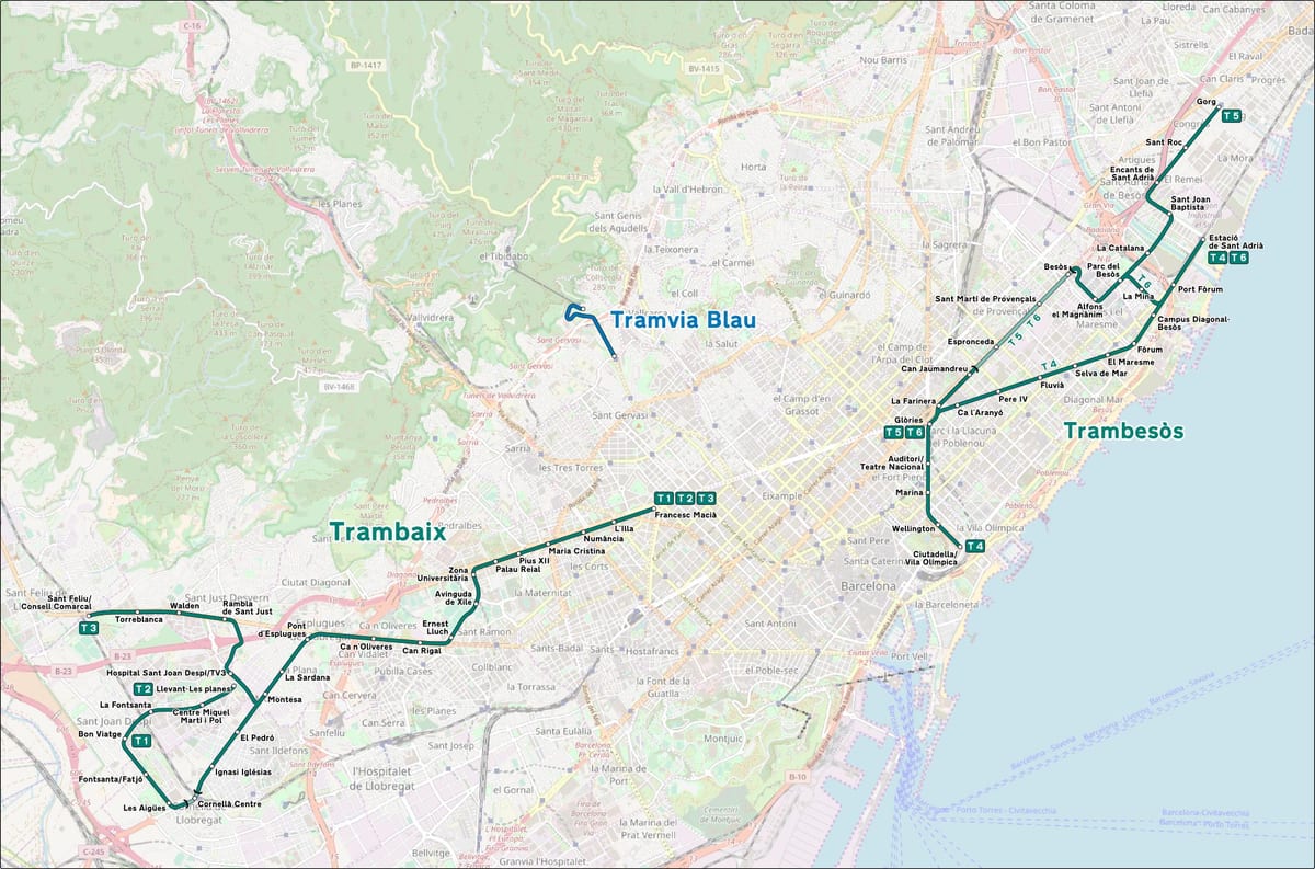 路面電車のバルセロナの地図