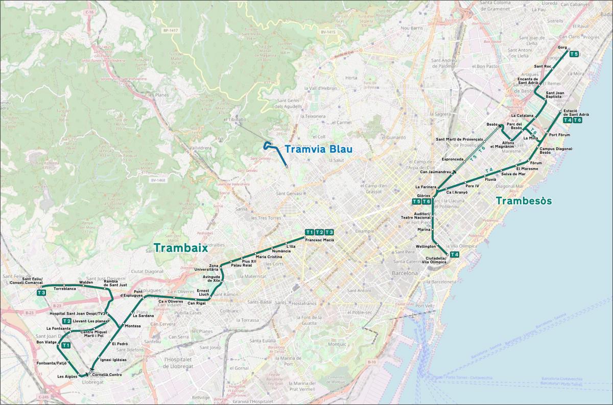 路面電車のバルセロナの地図