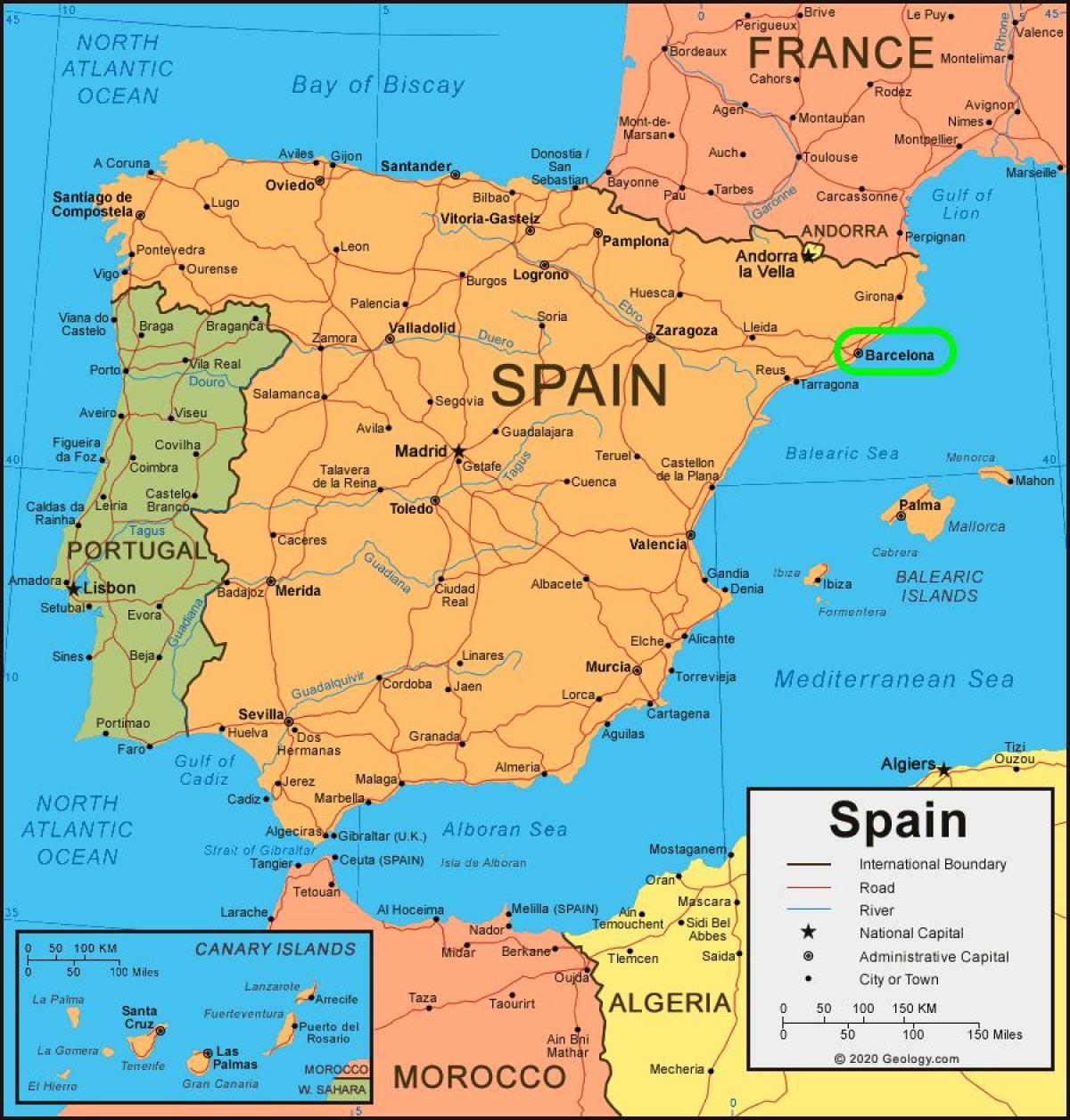 地図のスペイン、バルセロナ