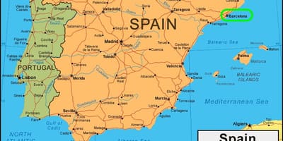 地図のスペイン、バルセロナ